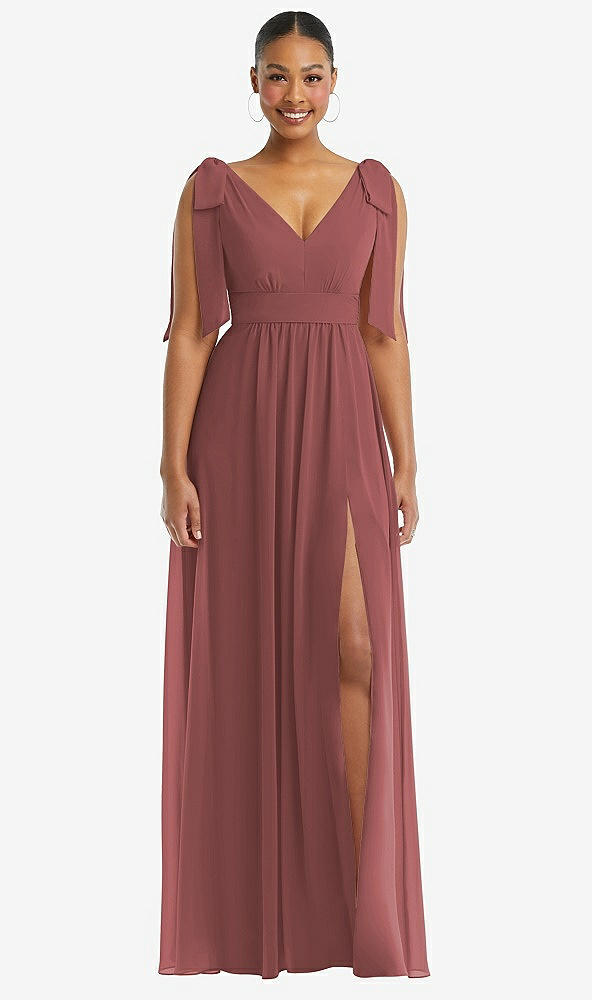 Front View - English Rose Plunge Neckline Bow Shoulder Empire Waist Chiffon Maxi Dress