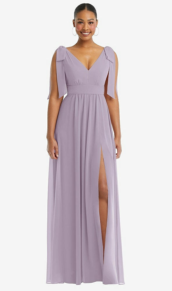 Front View - Lilac Haze Plunge Neckline Bow Shoulder Empire Waist Chiffon Maxi Dress