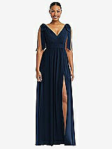 Front View Thumbnail - Midnight Navy Plunge Neckline Bow Shoulder Empire Waist Chiffon Maxi Dress