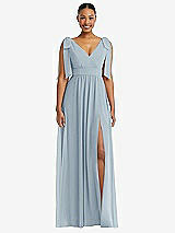 Front View Thumbnail - Mist Plunge Neckline Bow Shoulder Empire Waist Chiffon Maxi Dress