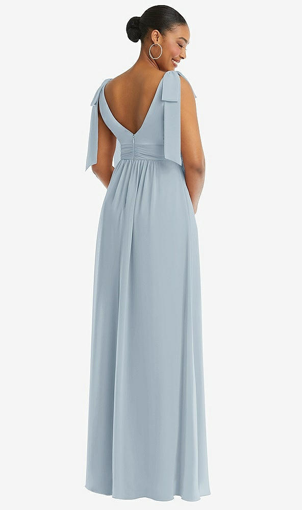 Back View - Mist Plunge Neckline Bow Shoulder Empire Waist Chiffon Maxi Dress