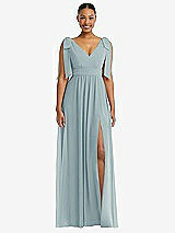 Front View Thumbnail - Morning Sky Plunge Neckline Bow Shoulder Empire Waist Chiffon Maxi Dress