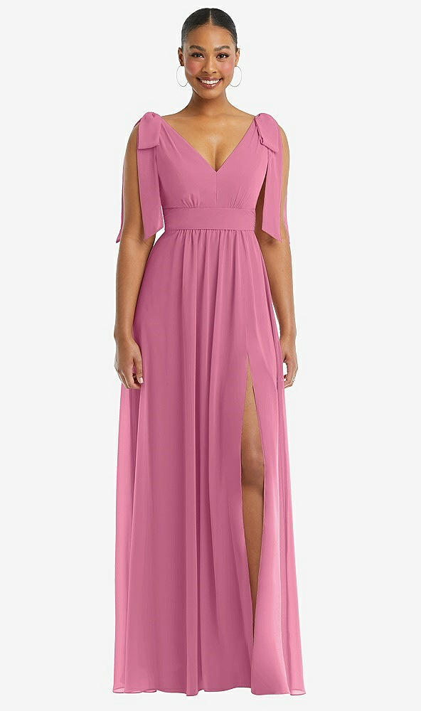 Front View - Orchid Pink Plunge Neckline Bow Shoulder Empire Waist Chiffon Maxi Dress