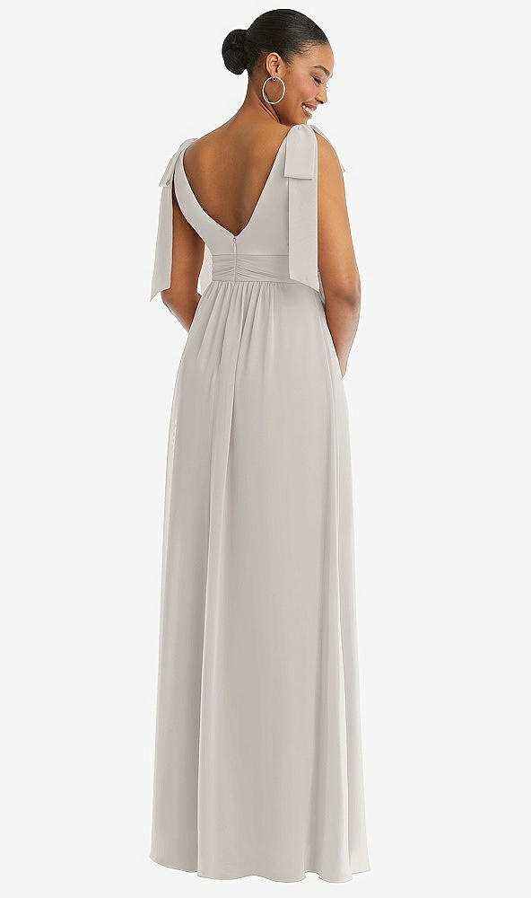 Back View - Oyster Plunge Neckline Bow Shoulder Empire Waist Chiffon Maxi Dress