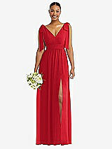 Alt View 1 Thumbnail - Parisian Red Plunge Neckline Bow Shoulder Empire Waist Chiffon Maxi Dress