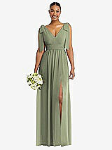 Alt View 1 Thumbnail - Sage Plunge Neckline Bow Shoulder Empire Waist Chiffon Maxi Dress