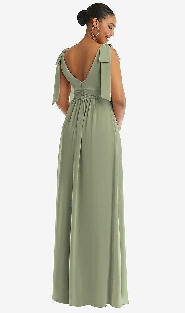 Back View - Sage Plunge Neckline Bow Shoulder Empire Waist Chiffon Maxi Dress