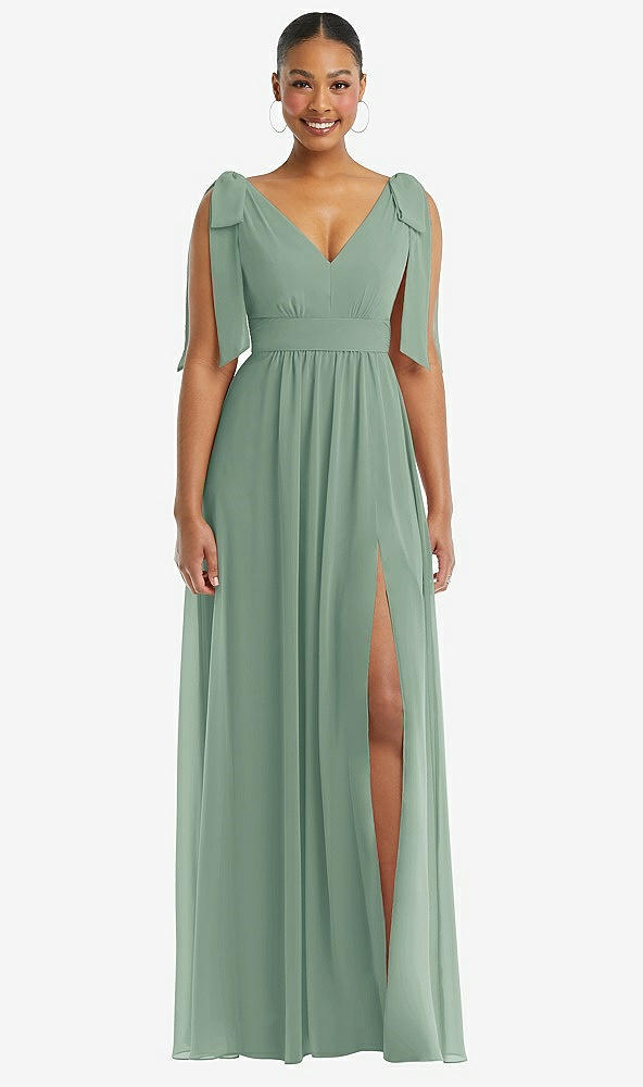 Front View - Seagrass Plunge Neckline Bow Shoulder Empire Waist Chiffon Maxi Dress