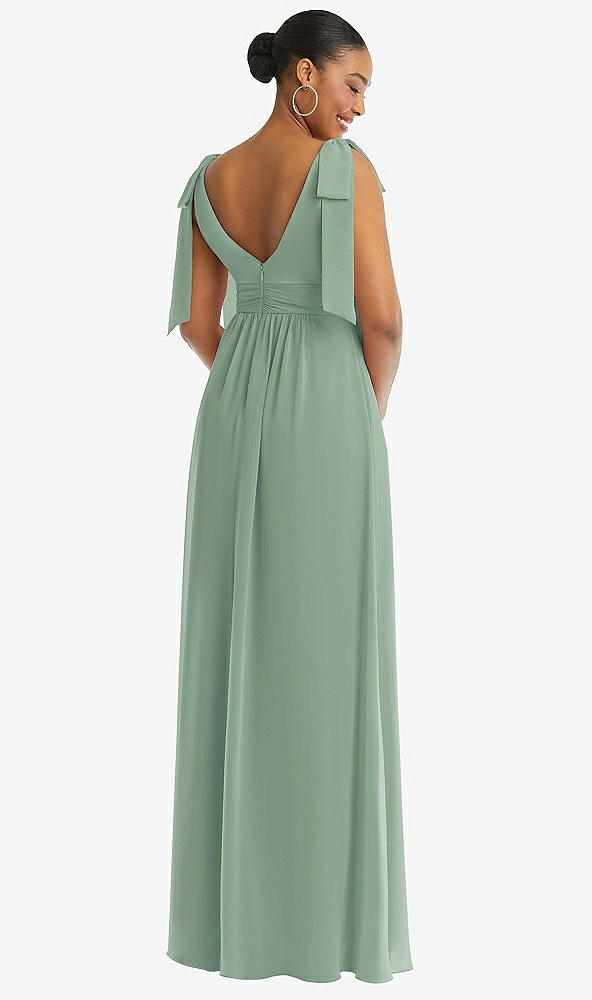 Back View - Seagrass Plunge Neckline Bow Shoulder Empire Waist Chiffon Maxi Dress