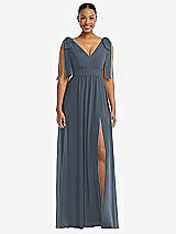 Front View Thumbnail - Silverstone Plunge Neckline Bow Shoulder Empire Waist Chiffon Maxi Dress