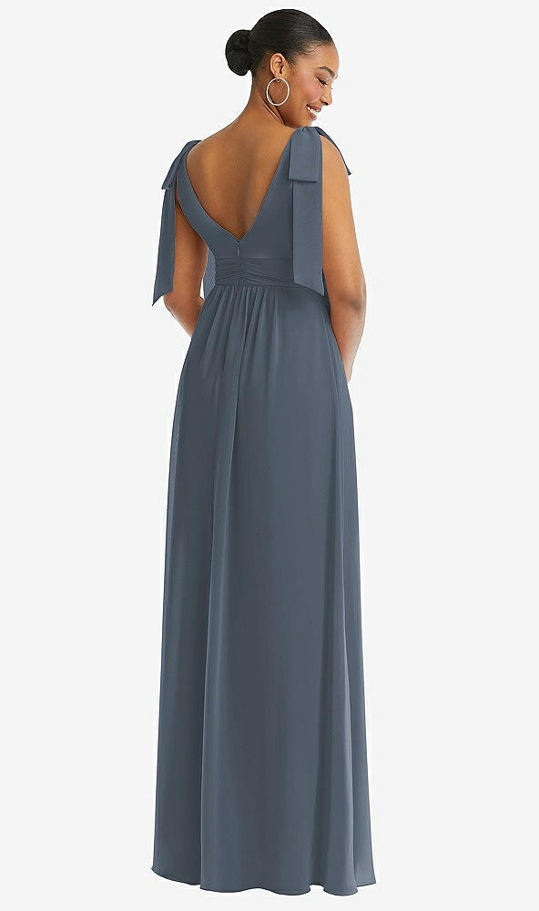 Back View - Silverstone Plunge Neckline Bow Shoulder Empire Waist Chiffon Maxi Dress