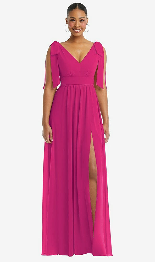 Front View - Think Pink Plunge Neckline Bow Shoulder Empire Waist Chiffon Maxi Dress