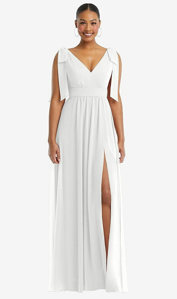 Front View - White Plunge Neckline Bow Shoulder Empire Waist Chiffon Maxi Dress