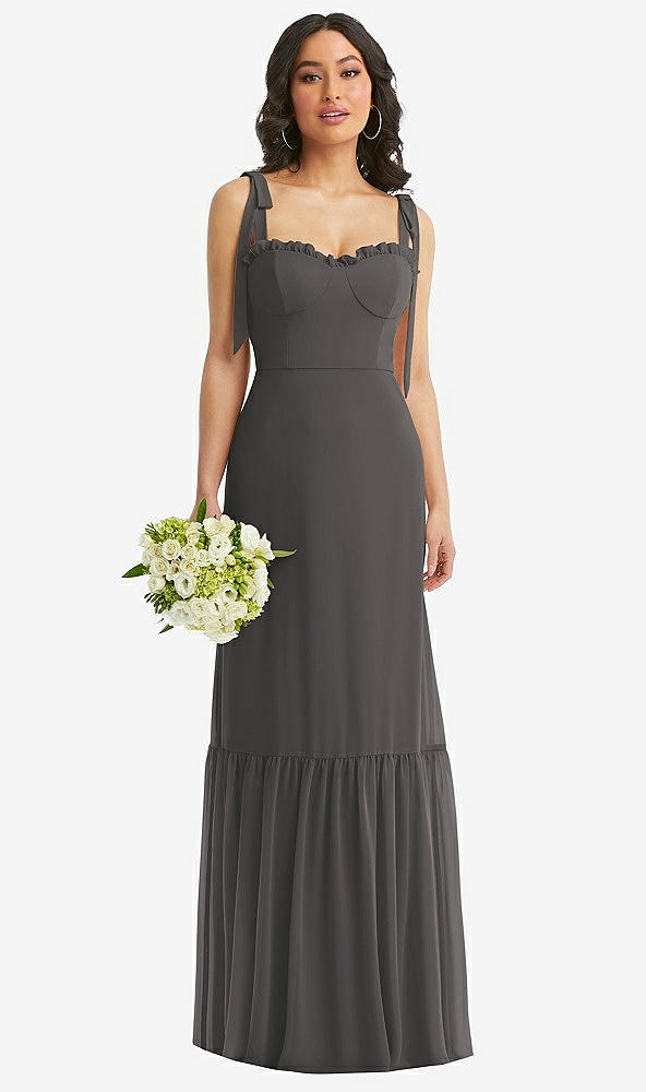 Front View - Caviar Gray Tie-Shoulder Bustier Bodice Ruffle-Hem Maxi Dress