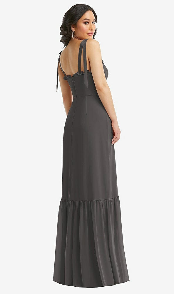 Back View - Caviar Gray Tie-Shoulder Bustier Bodice Ruffle-Hem Maxi Dress