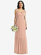 Front View Thumbnail - Pale Peach Tie-Shoulder Bustier Bodice Ruffle-Hem Maxi Dress