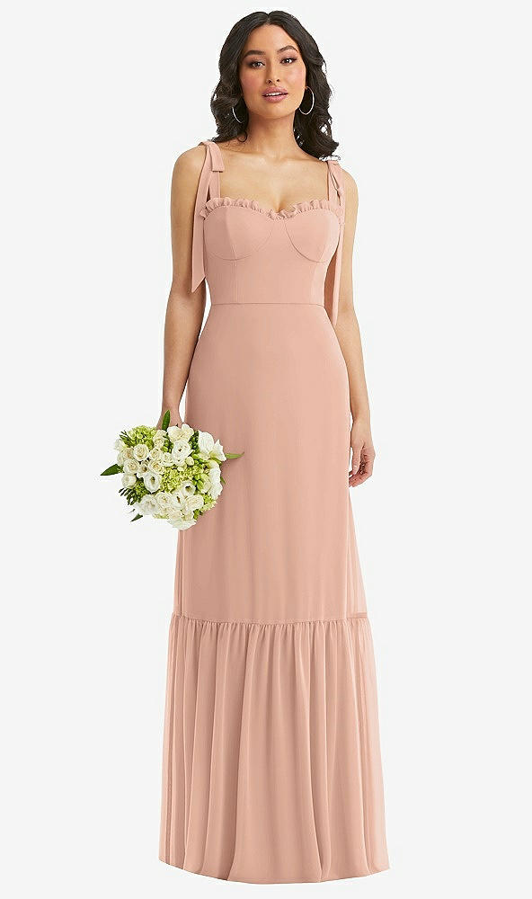 Front View - Pale Peach Tie-Shoulder Bustier Bodice Ruffle-Hem Maxi Dress