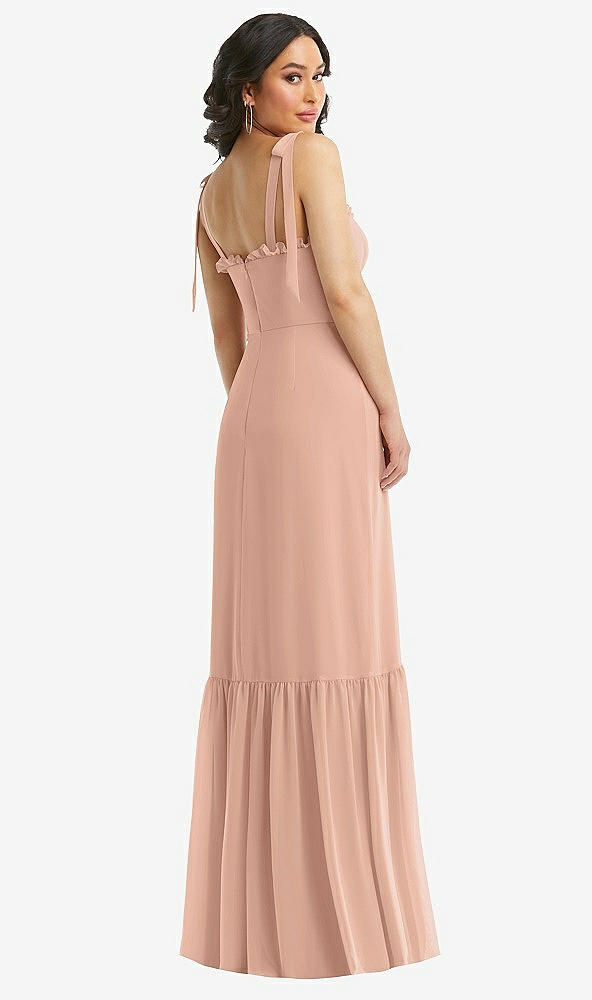 Back View - Pale Peach Tie-Shoulder Bustier Bodice Ruffle-Hem Maxi Dress