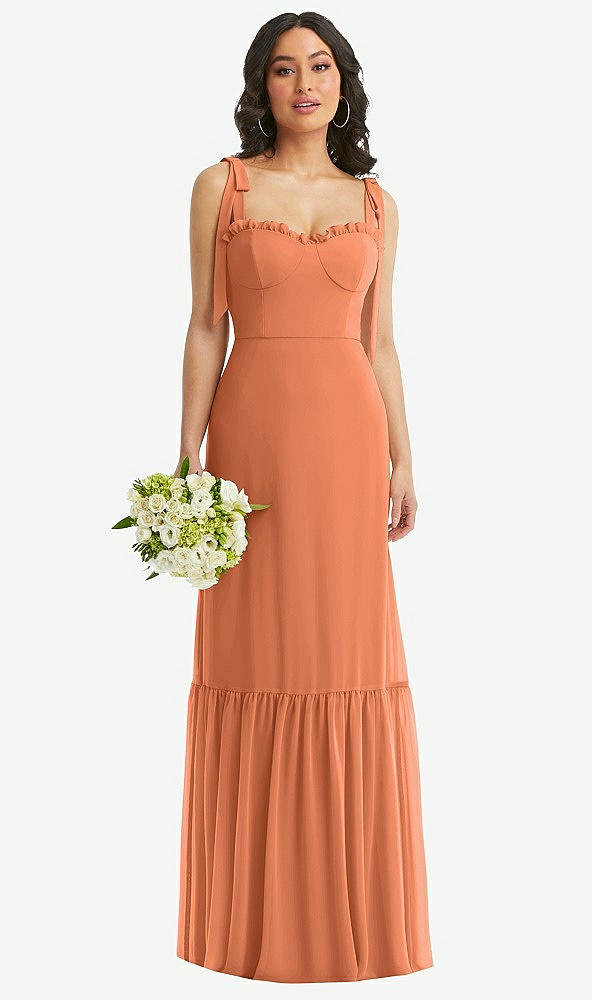 Front View - Sweet Melon Tie-Shoulder Bustier Bodice Ruffle-Hem Maxi Dress