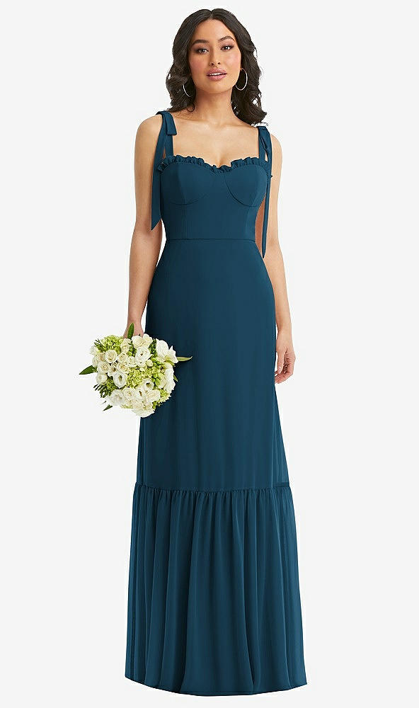 Front View - Atlantic Blue Tie-Shoulder Bustier Bodice Ruffle-Hem Maxi Dress