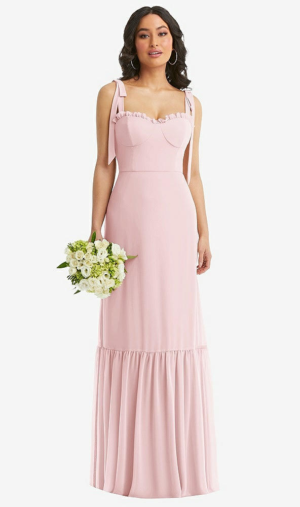 Front View - Ballet Pink Tie-Shoulder Bustier Bodice Ruffle-Hem Maxi Dress