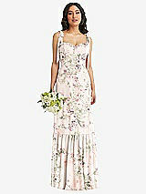 Front View Thumbnail - Blush Garden Tie-Shoulder Bustier Bodice Ruffle-Hem Maxi Dress