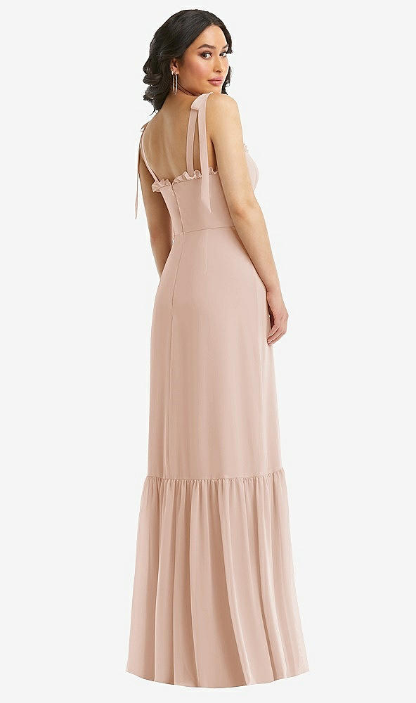 Back View - Cameo Tie-Shoulder Bustier Bodice Ruffle-Hem Maxi Dress