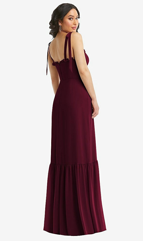 Back View - Cabernet Tie-Shoulder Bustier Bodice Ruffle-Hem Maxi Dress