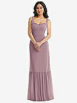 Alt View 1 Thumbnail - Dusty Rose Tie-Shoulder Bustier Bodice Ruffle-Hem Maxi Dress