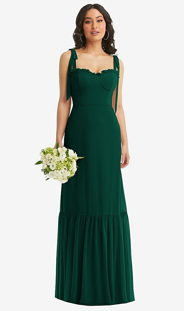 Front View - Hunter Green Tie-Shoulder Bustier Bodice Ruffle-Hem Maxi Dress