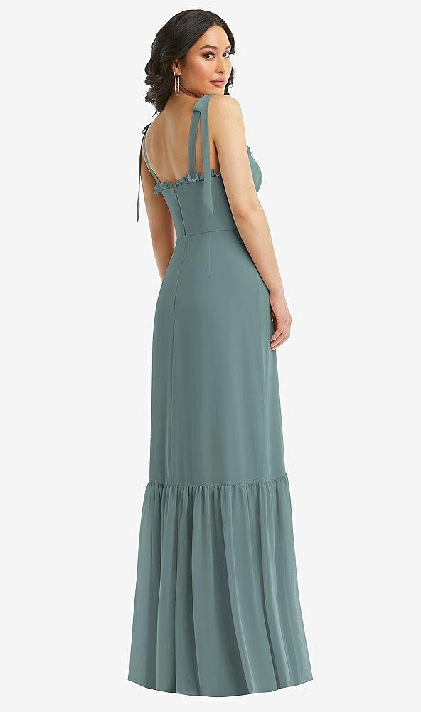 Back View - Icelandic Tie-Shoulder Bustier Bodice Ruffle-Hem Maxi Dress