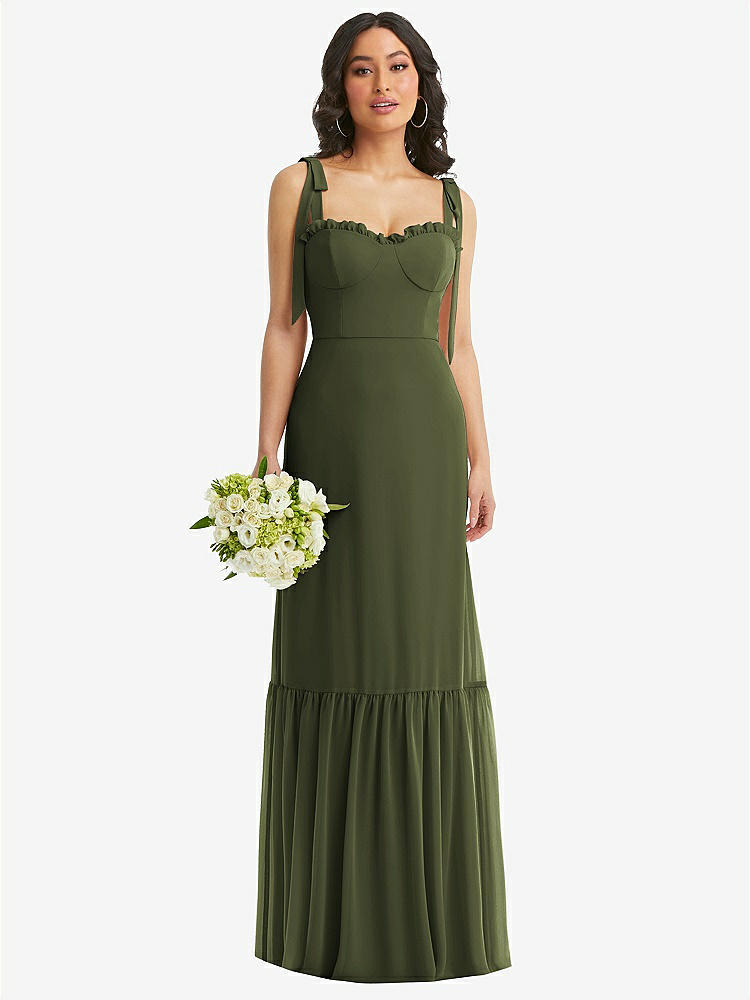 Lace Up Tie-back Corset Maxi Bridesmaid Dress With Front Slit In Olive  Green | The Dessy Group