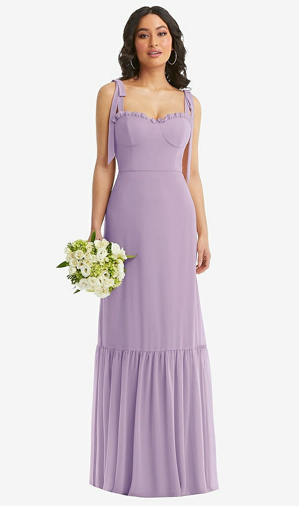 Front View - Pale Purple Tie-Shoulder Bustier Bodice Ruffle-Hem Maxi Dress