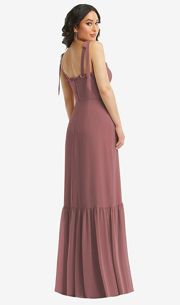 Back View - Rosewood Tie-Shoulder Bustier Bodice Ruffle-Hem Maxi Dress