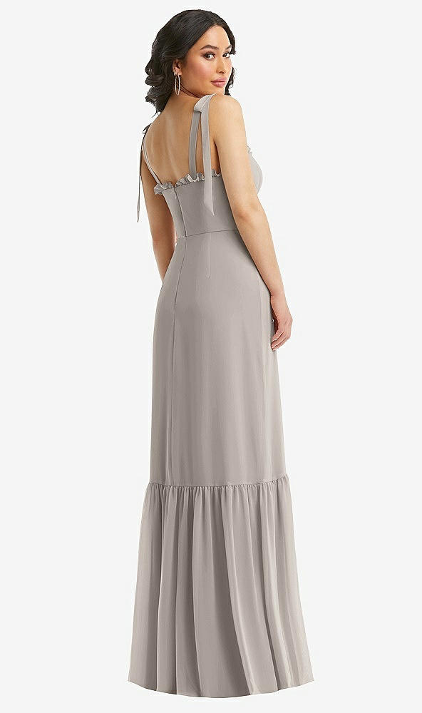 Back View - Taupe Tie-Shoulder Bustier Bodice Ruffle-Hem Maxi Dress