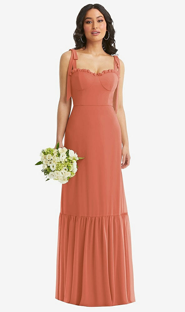 Front View - Terracotta Copper Tie-Shoulder Bustier Bodice Ruffle-Hem Maxi Dress