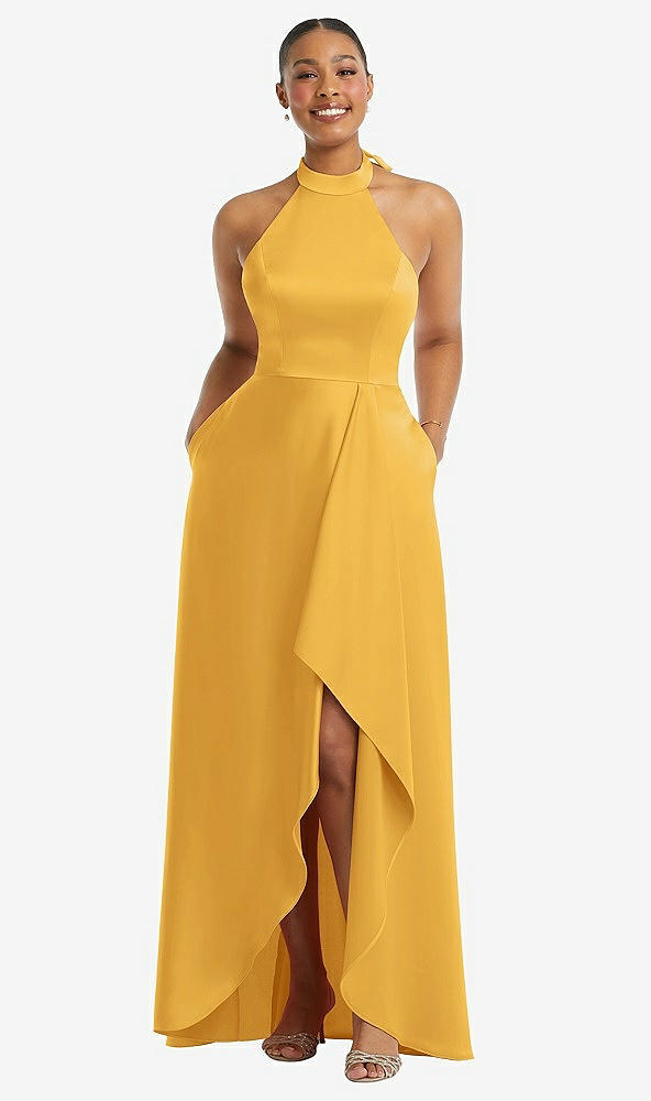 Front View - NYC Yellow High-Neck Tie-Back Halter Cascading High Low Maxi Dress