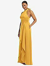 Side View Thumbnail - NYC Yellow High-Neck Tie-Back Halter Cascading High Low Maxi Dress