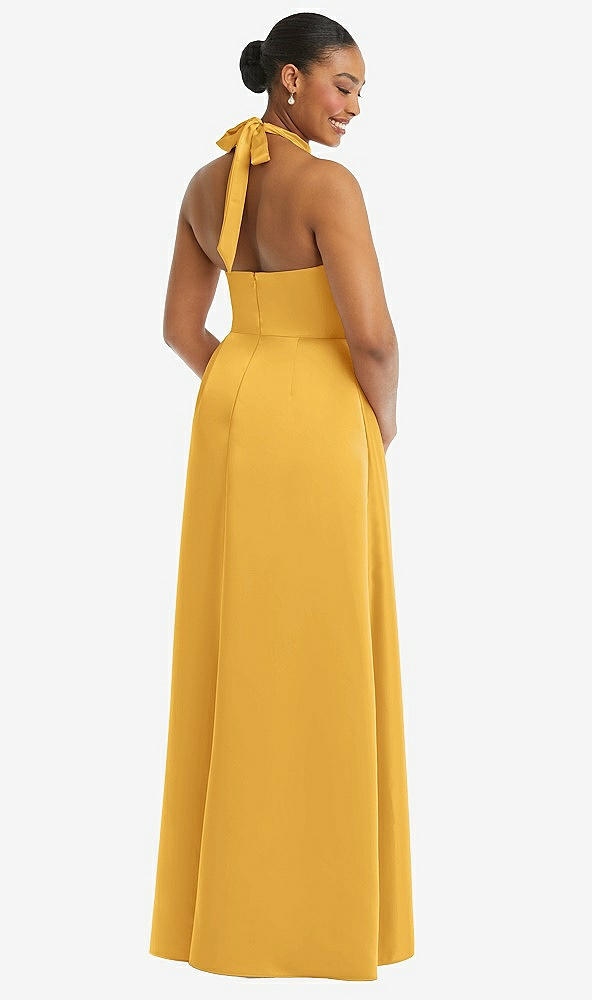 Back View - NYC Yellow High-Neck Tie-Back Halter Cascading High Low Maxi Dress