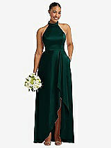 Alt View 1 Thumbnail - Evergreen High-Neck Tie-Back Halter Cascading High Low Maxi Dress