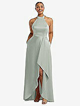 Front View Thumbnail - Willow Green High-Neck Tie-Back Halter Cascading High Low Maxi Dress