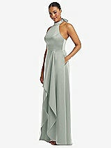 Side View Thumbnail - Willow Green High-Neck Tie-Back Halter Cascading High Low Maxi Dress