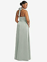 Rear View Thumbnail - Willow Green High-Neck Tie-Back Halter Cascading High Low Maxi Dress