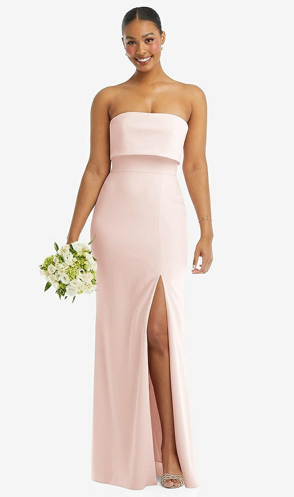 Front View - Blush Strapless Overlay Bodice Crepe Maxi Dress with Front Slit