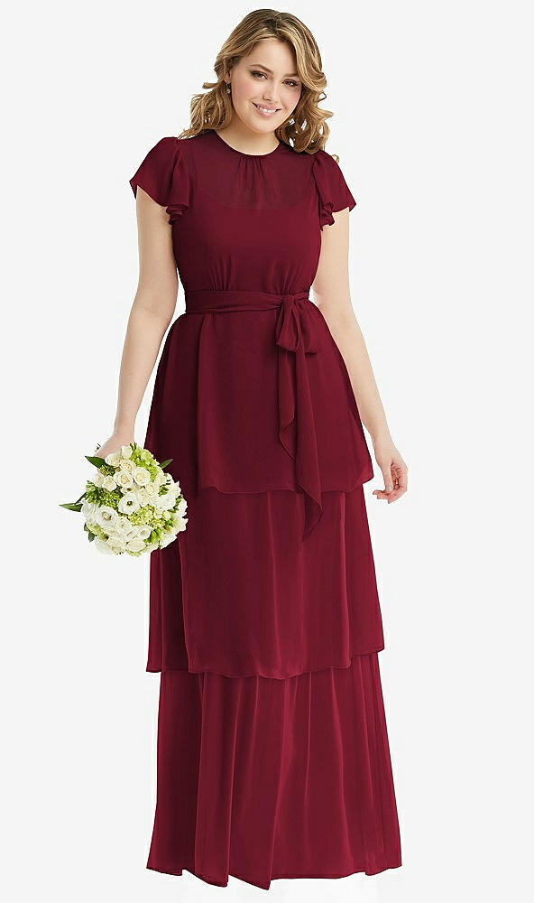 Front View - Burgundy Flutter Sleeve Jewel Neck Chiffon Maxi Dress with Tiered Ruffle Skirt