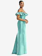 Alt View 4 Thumbnail - Coastal Off-the-Shoulder Ruffle Neck Satin Trumpet Gown