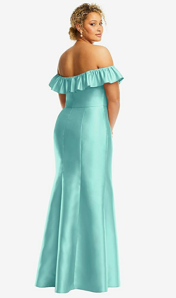 Back View - Coastal Off-the-Shoulder Ruffle Neck Satin Trumpet Gown