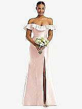 Alt View 2 Thumbnail - Blush Off-the-Shoulder Ruffle Neck Satin Trumpet Gown