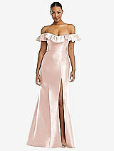 Alt View 3 Thumbnail - Blush Off-the-Shoulder Ruffle Neck Satin Trumpet Gown