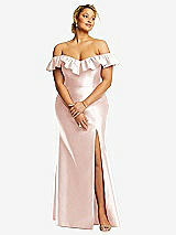 Front View Thumbnail - Blush Off-the-Shoulder Ruffle Neck Satin Trumpet Gown